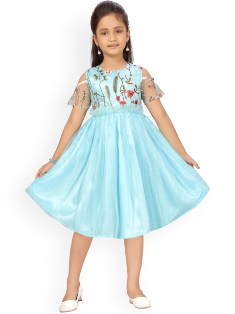 

Aarika Girls Turquoise Blue & Green Floral Embroidered Net Dress