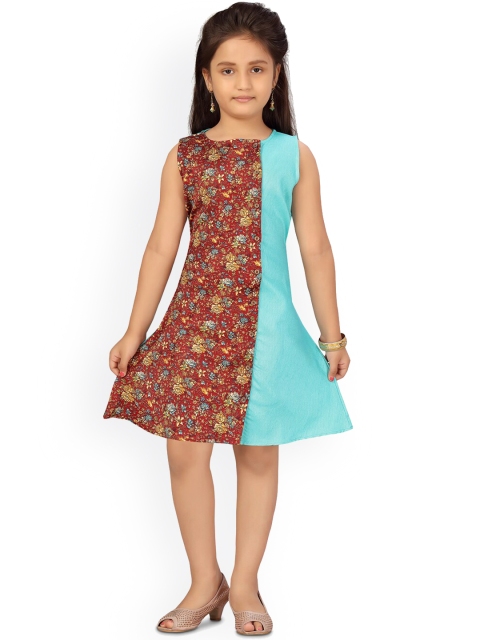 

Aarika Brown & Turquoise Blue Floral Printed A-Line Dress