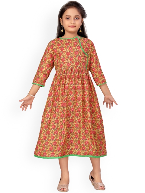 

Aarika Girls Yellow & Pink Motifs Ethnic Printed Cotton Midi Dress