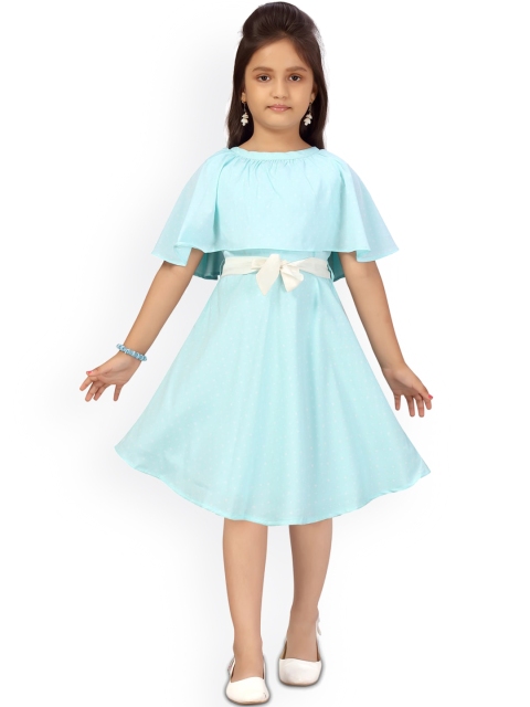 

Aarika Girls Turquoise Blue & White Printed Fit & Flare Dress with Waist Tie-Up