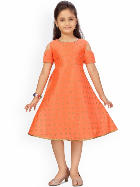 

Aarika Girls Orange Printed Cold-Shoulder Sleeves Fit & Flare Dress