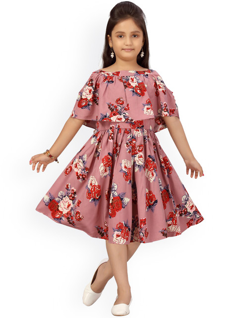 

Aarika Girls Peach-Coloured & Red Floral Printed Dress