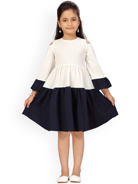 

Aarika Girls White and Navy Blue Colourblocked Dress