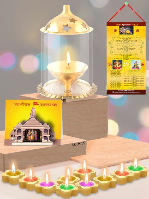

Archies Glass Akhand Diya Oil Lamp &13 Pieces Ceramic Home Gift Set, Brown