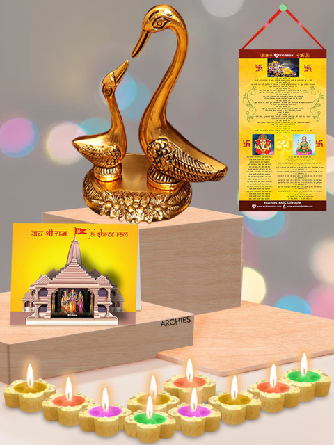 

Archies 13 Pcs Swan With Diwali Aarti Scroll 3D Greeting Card & Diyas Home Gift Set, Gold