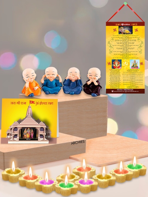 

Archies Set of 4 Mini Buddha Monks & 16 Pcs Home Gift Set, Cream