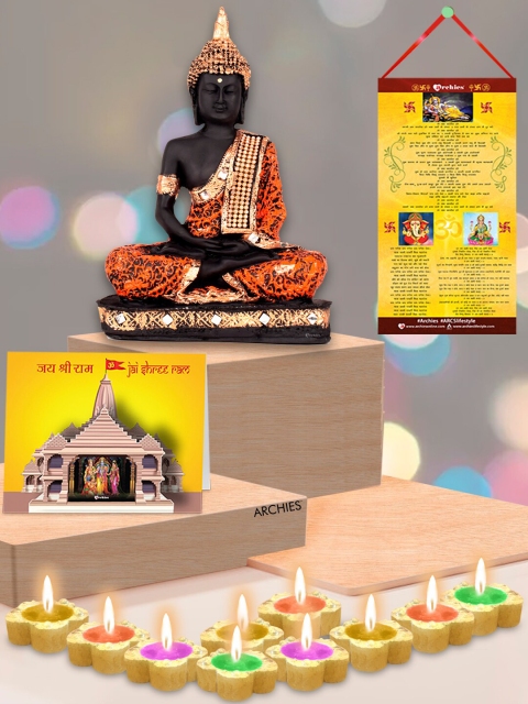

Archies Meditating Buddha Idol with Diwali Aarti Scroll,3D Greeting Card,and 10 Diyas, Black