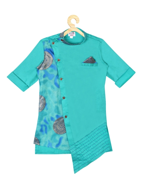 

Kinder Kids Boys Turquoise Blue Printed Asymmetric Pastel Kurta