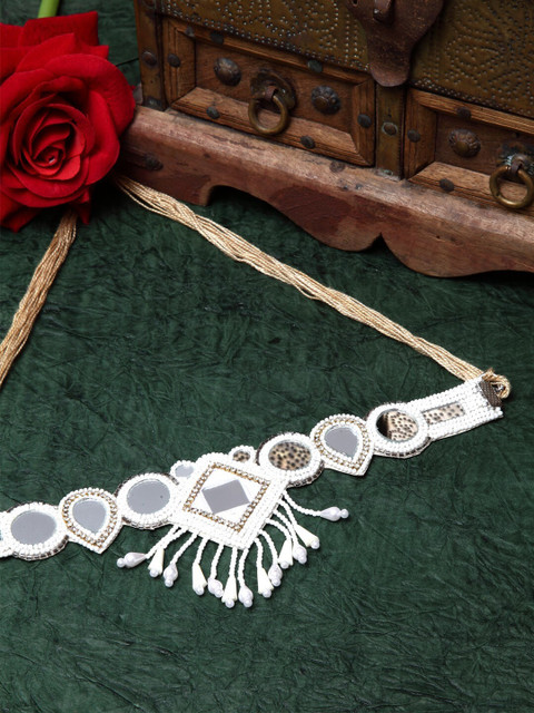 

Moedbuille Women Off White & Silver-Plated Mirror & Crystal Studded Choker Necklace