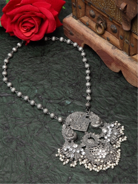 

Moedbuille Silver-Plated Gunmetal-Toned & White Brass Oxidised Necklace
