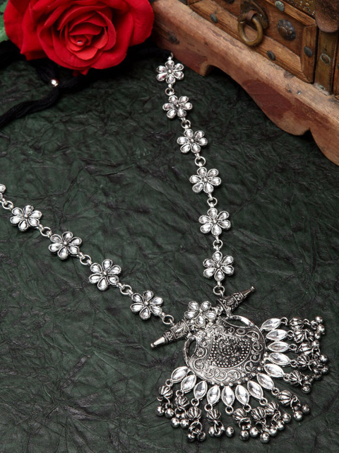 

Moedbuille Women Silver-Toned & Plated Stone Studded Filigree Floral Oxidised Necklace