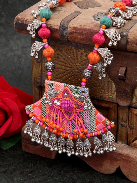 

Moedbuille Women Pink & Orange Silver-Plated Beads Embroidered Handcrafted Necklace