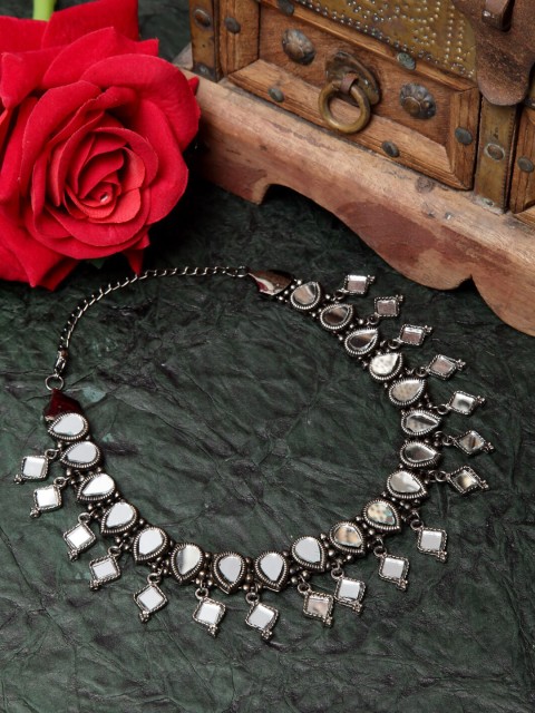 

Moedbuille Silver-Toned Brass Silver-Plated Mirror Tribal Oxidised Necklace