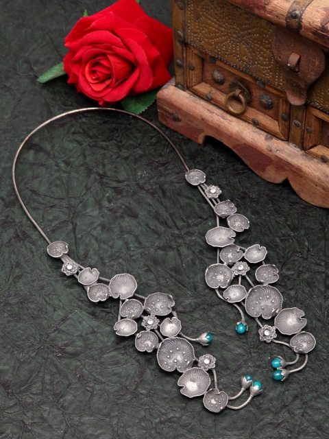

Moedbuille Women Metallic Crystals & Pearls Studded Oxidised Silver Plated Hasli