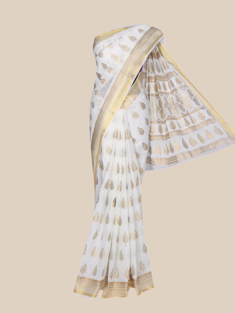

The Chennai Silks Off White & Gold-Toned Floral Pure Cotton Fusion Chanderi Saree