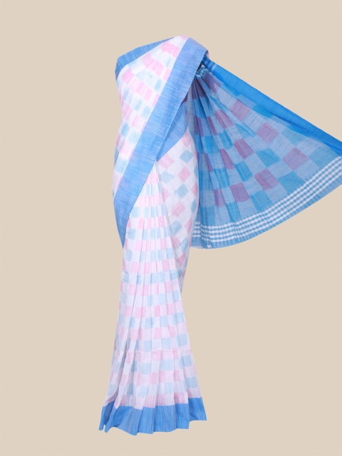 

The Chennai Silks Off White & Blue Checked Pure Cotton Saree