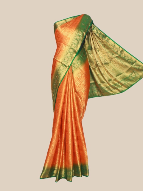

The Chennai Silks Orange & Green Woven Design Zari Jute Cotton Fusion Saree