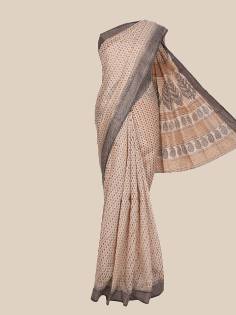 

The Chennai Silks Beige & Navy Blue Floral Pure Cotton Fusion Chanderi Saree