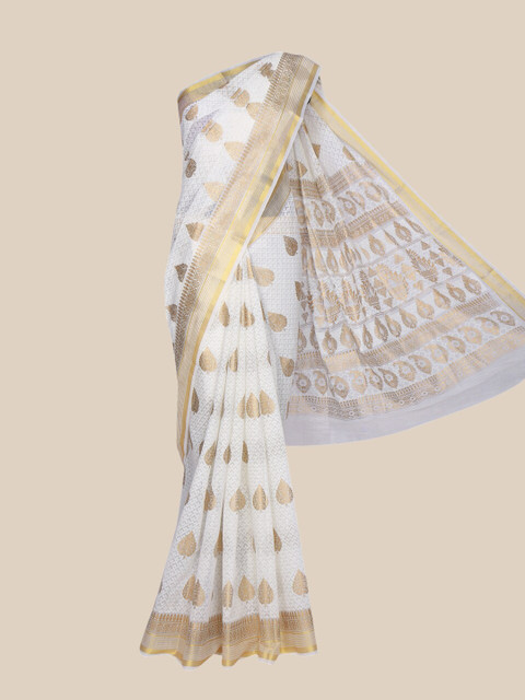 

The Chennai Silks Off White & Gold-Toned Woven Design Zari Pure Cotton Fusion Chanderi Saree