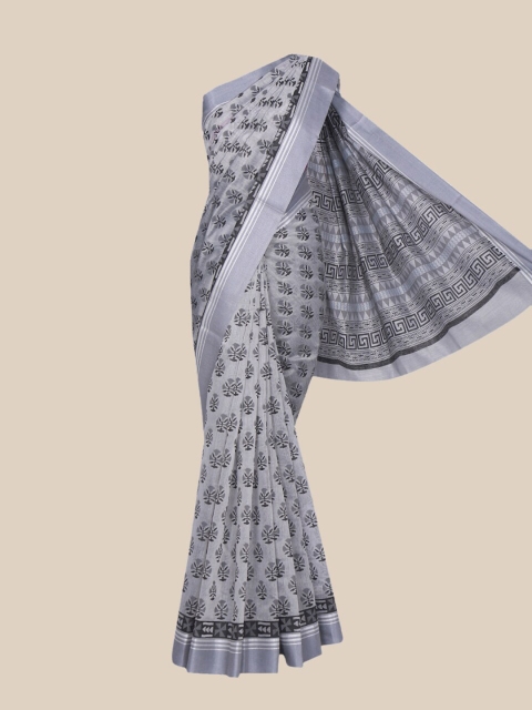 

The Chennai Silks Grey & Black Floral Pure Cotton Fusion Chanderi Saree