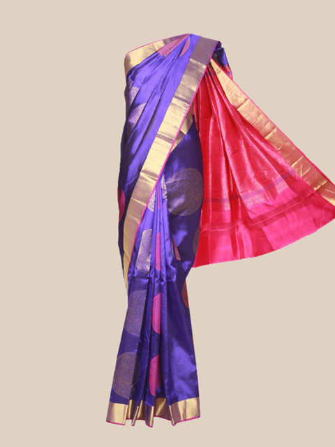 

The Chennai Silks Navy Blue & Pink Floral Pure Silk Kanjeevaram Saree