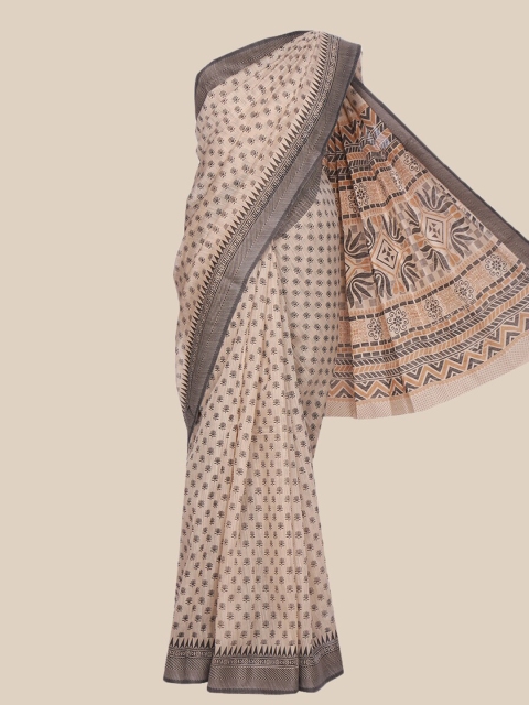 

The Chennai Silks Beige & Grey Ethnic Motifs Pure Cotton Fusion Chanderi Saree