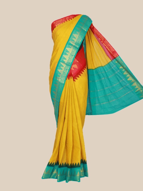 

The Chennai Silks Mustard & Blue Woven Design Pure Cotton Fusion Sungudi Saree