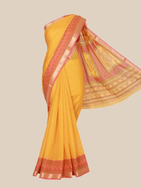 

The Chennai Silks Yellow & Rose Floral Pure Cotton Fusion Chanderi Saree