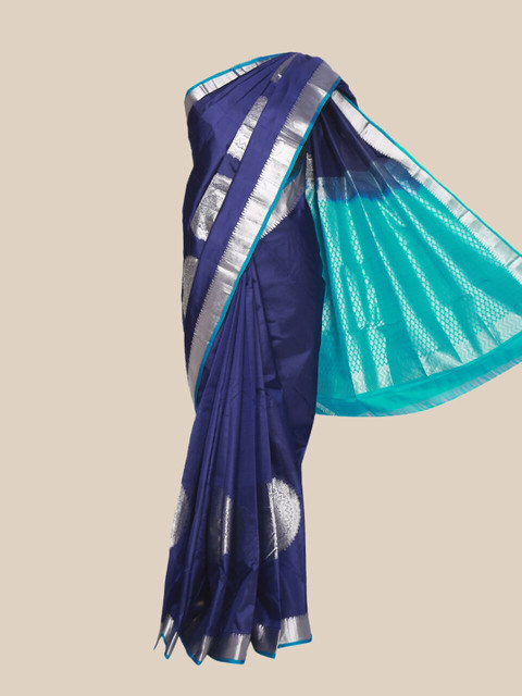 

The Chennai Silks Navy Blue & Silver-Toned Woven Design Pure Silk Kanjeevaram Saree