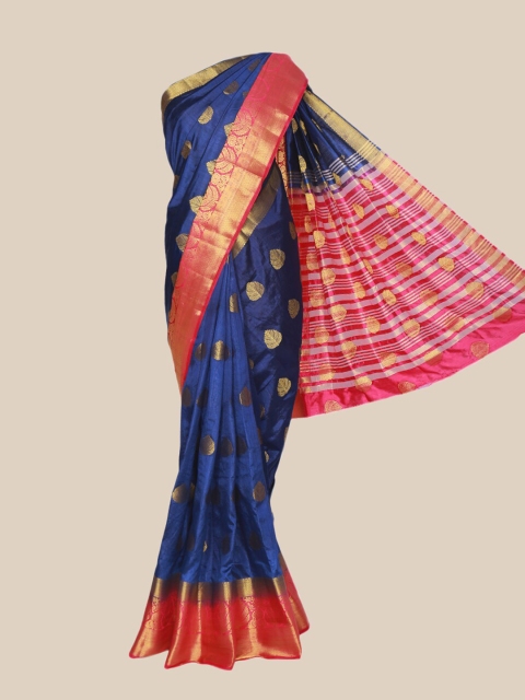 

The Chennai Silks Navy Blue & Pink Floral Jute Cotton Fusion Saree