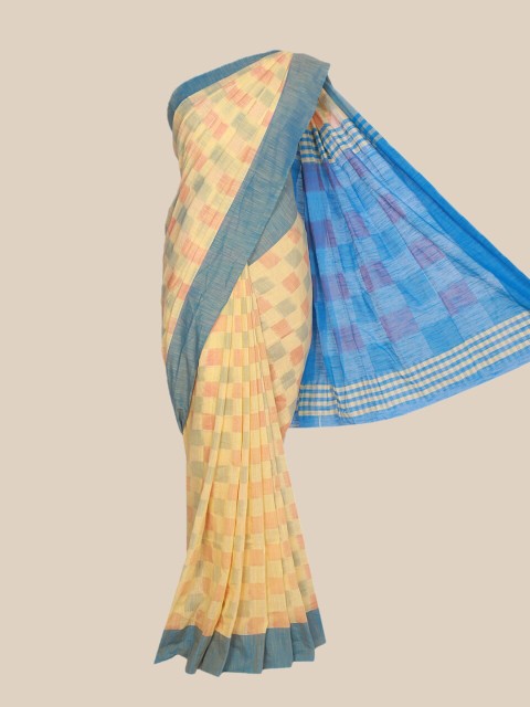

The Chennai Silks Yellow & Blue Checked Pure Cotton Saree