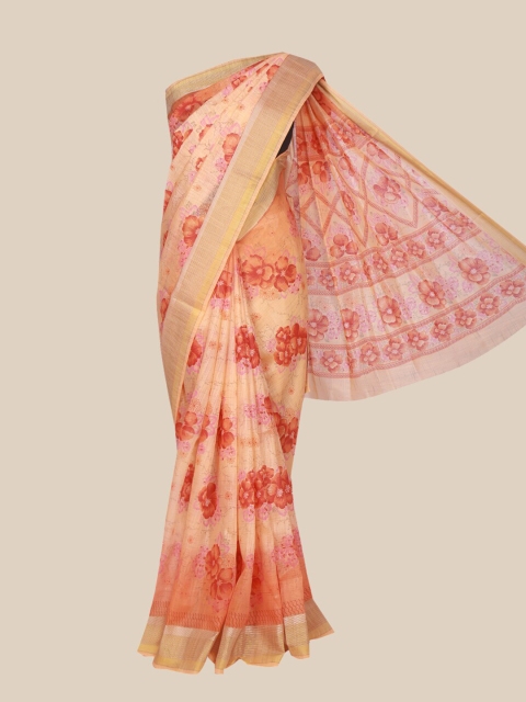 

The Chennai Silks Orange & Cream-Coloured Floral Pure Cotton Fusion Chanderi Saree