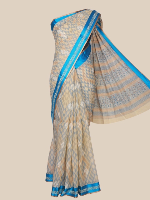 

The Chennai Silks Beige & Blue Pure Cotton Fusion Chanderi Saree