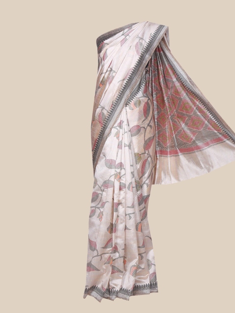 

The Chennai Silks Beige & Grey Floral Printed Silk Blend Tussar Saree