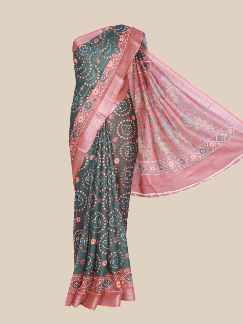 

The Chennai Silks Green & Pink Bandhani Printed Linen Blend Saree