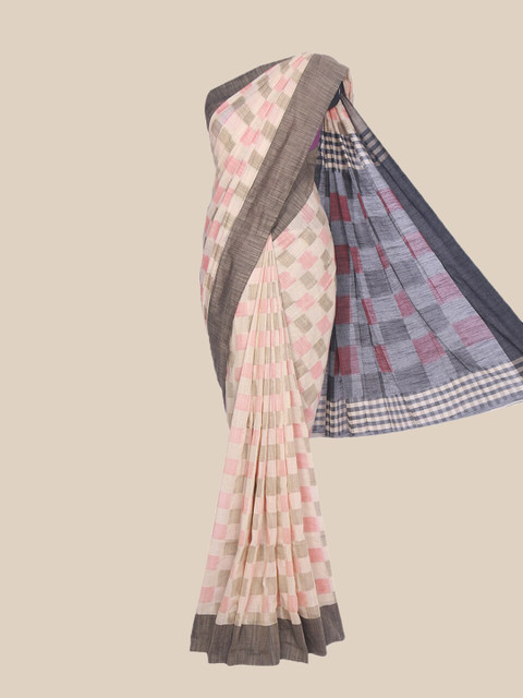 

The Chennai Silks Beige & Pink Checked Pure Cotton Saree