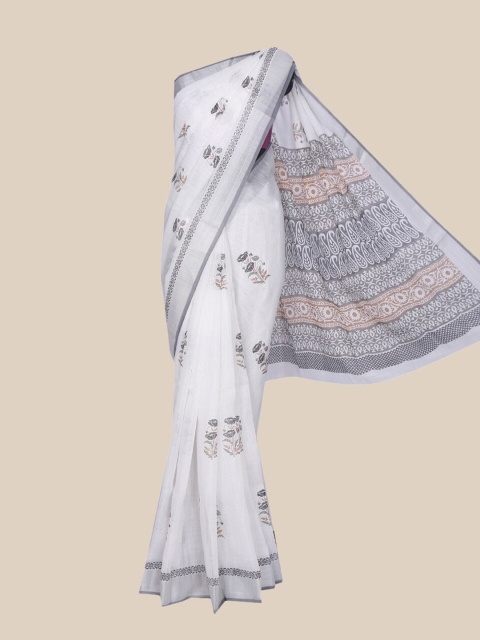 

The Chennai Silks Off White & Grey Floral Linen Blend Saree