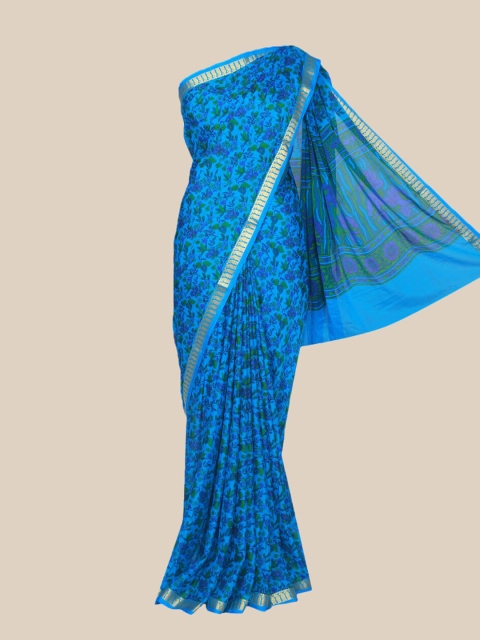 

The Chennai Silks Blue & Green Floral Printed Mysore Silk Saree