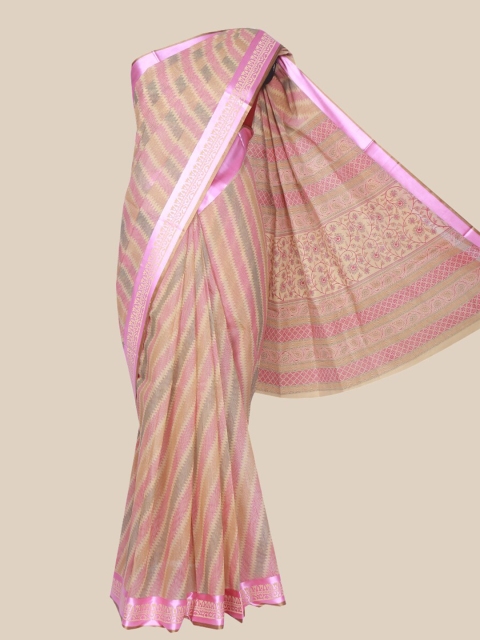 

The Chennai Silks Beige & Pink Zari Pure Cotton Chanderi Saree