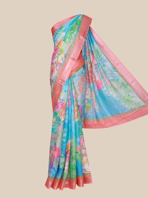 

The Chennai Silks Blue & Pink Floral Printed Linen Blend Saree