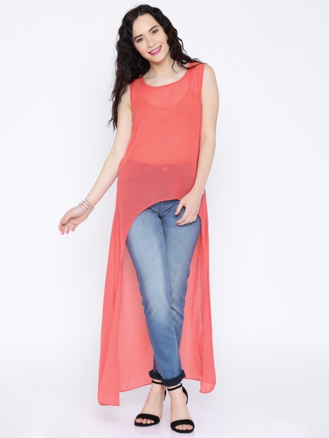 

Jealous 21 Women Coral Pink Solid High-Low Top