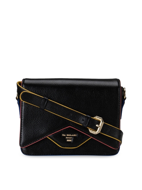 

Da Milano Black Textured Leather Structured Sling Bag With Detachable Sling Strap