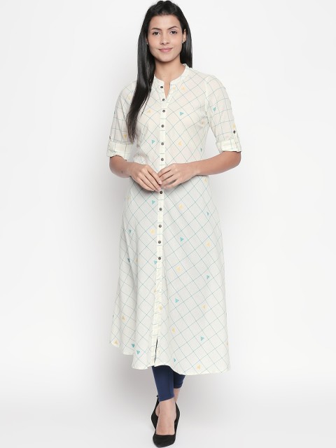 

RANGMANCH BY PANTALOONS Women Off White & Turquoise Blue Geometric Kurta