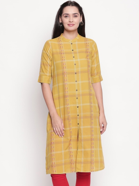 

RANGMANCH BY PANTALOONS Women Yellow Checked Thread Work Kurta