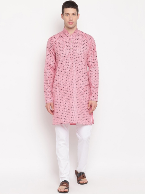 

Aj DEZInES Men Pink Striped Angrakha Pure Cotton Kurta with Pyjamas