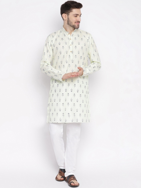 

Aj DEZInES Men Sea Green Printed Angrakha Pure Cotton Kurta with Pyjamas