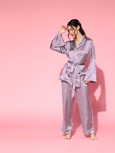 

ADORENITE Women Elegant Lavender Solid Satin Night Suit
