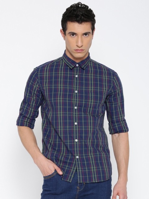 

Flying Machine Men Navy Blue Checked Casual Shirt