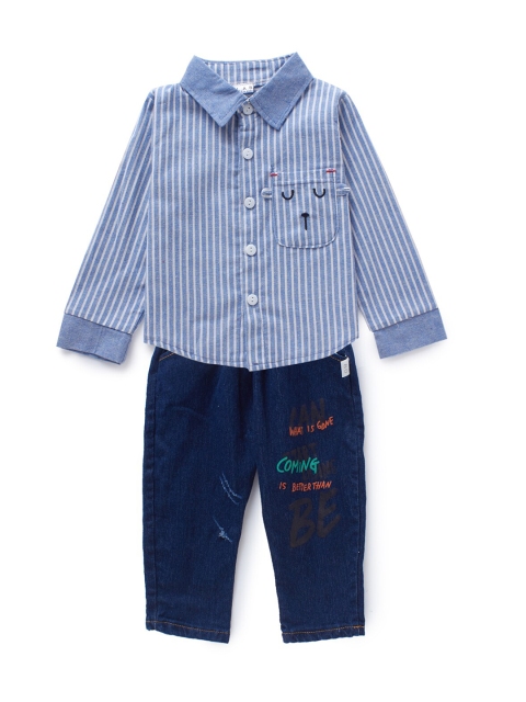 

SteezMe Boys Navy Blue & White Striped Shirt With Trousers Set