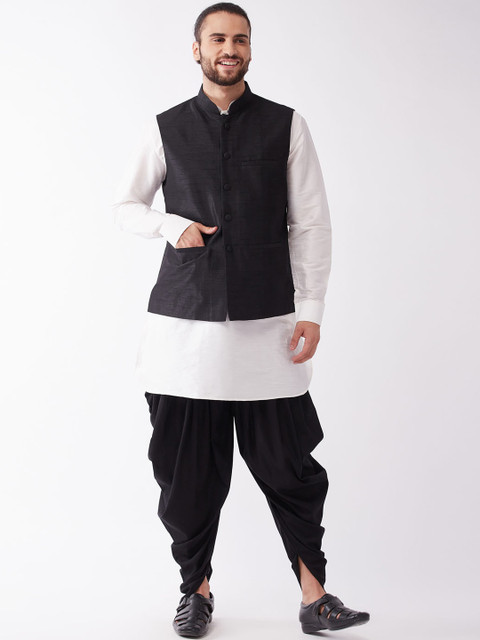 

VASTRAMAY Men Cream & Black Layered Kurti with Patiala & Jacket